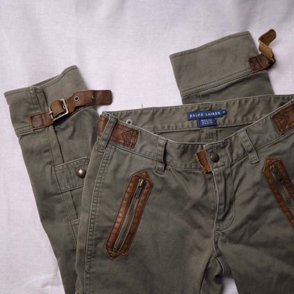 Ralph Lauren Pants - Ralph Lauren Women's Olive Green Cargo Pants Leather Trim Zipper Pockets Size 2